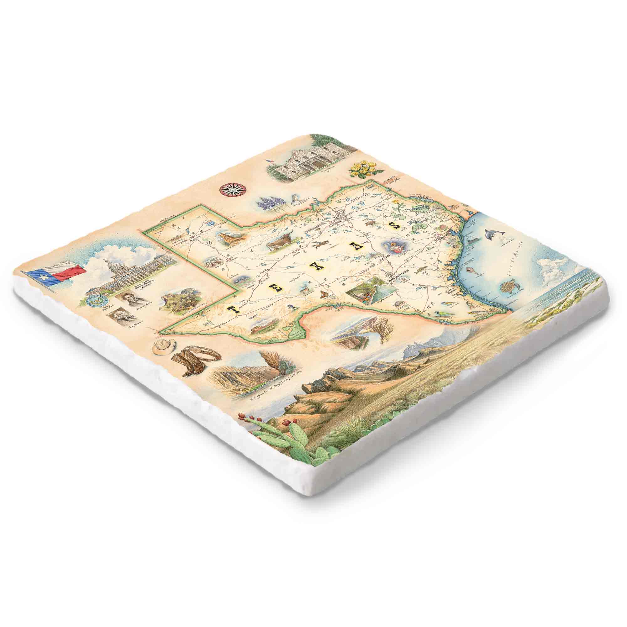 Hand-drawn illustrated marble trivet showcasing Texas landmarks, landscapes, and cultural icons, created by artist Chris Robitaille. Includes cork backing for surface protection.