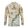Hoodie with vintage map design on a white background
