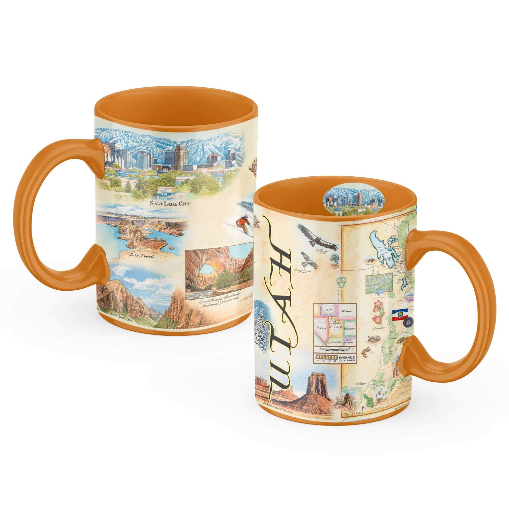 Utah State Map Ceramic Mug featuring intricate details of popular cities, iconic landmarks such as Arches National Park and Bryce Canyon, and vibrant flora and fauna indigenous to the region.