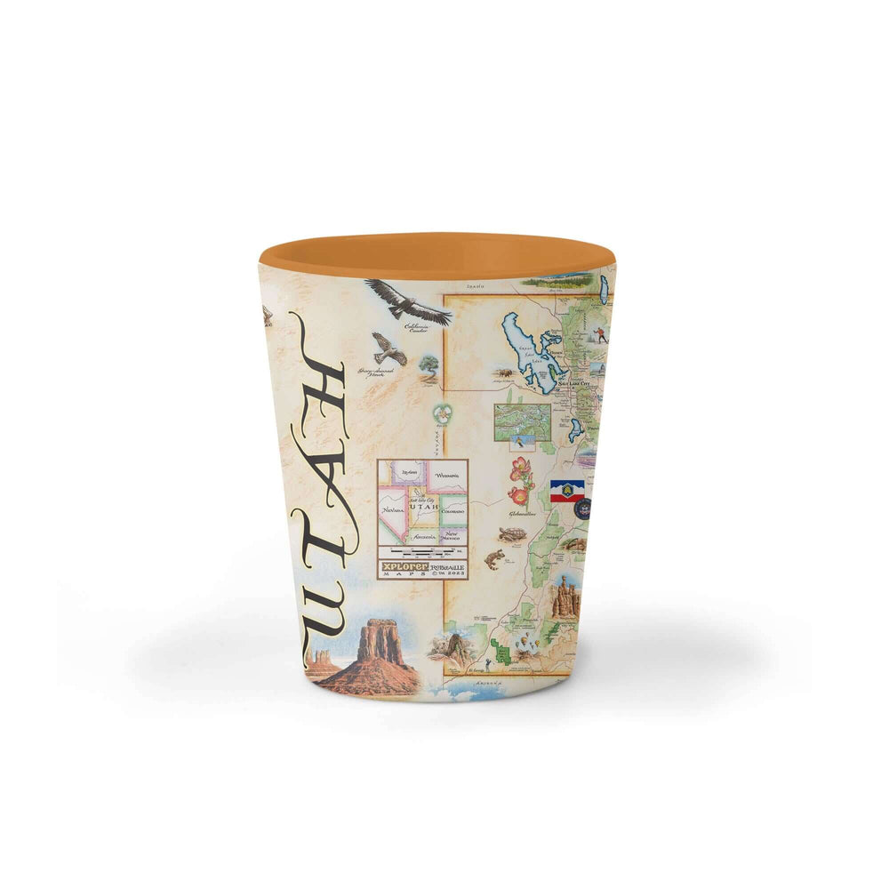  Utah State Map Ceramic shot glass featuring intricate details of popular cities, iconic landmarks such as Arches National Park and Bryce Canyon, and vibrant flora and fauna indigenous to the region.