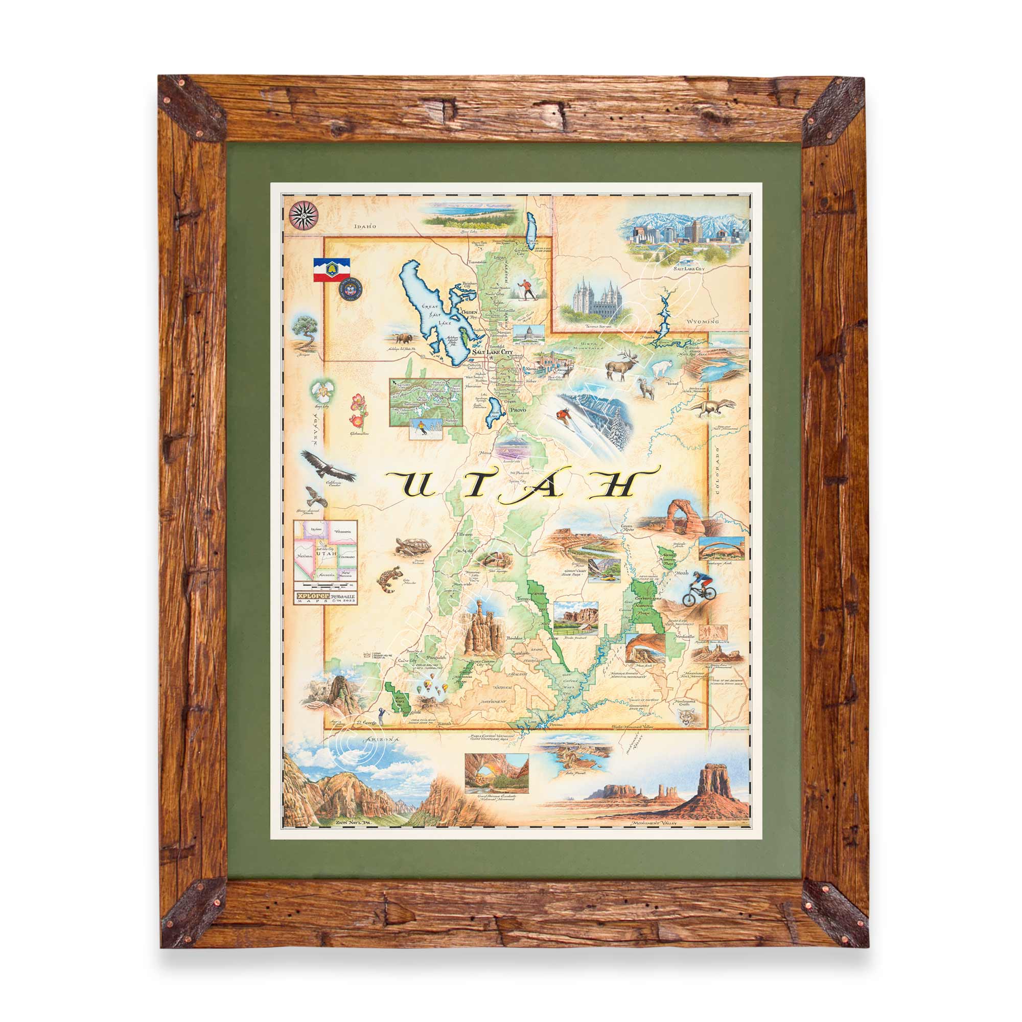 A framed vintage-style Utah map art print with a rustic brown wooden frame, green matting, and colorful illustrated landmarks on a cream background.