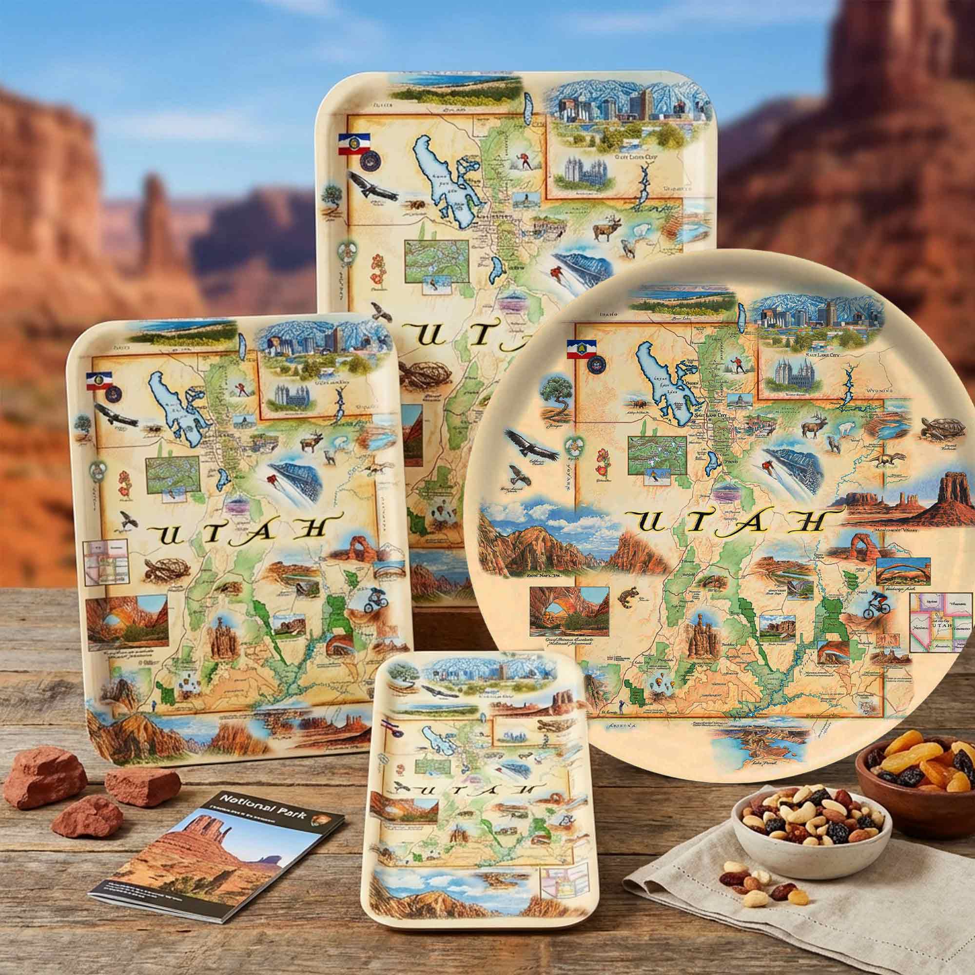 Set of Utah-themed trays with map design on a wooden surface with desert background