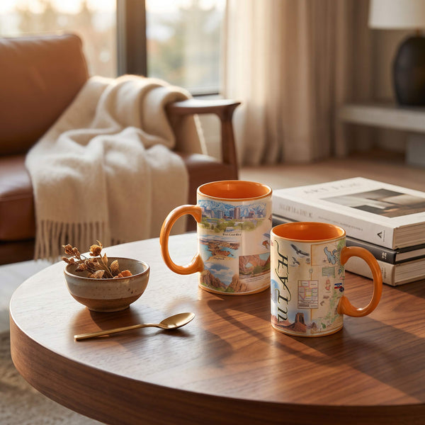 Two ceramic mugs with orange interiors and handles, decorated with scenic collage-style prints, sit on a round wooden table in a warm, sunlit living room. One mug shows the word "UTAH" vertically.