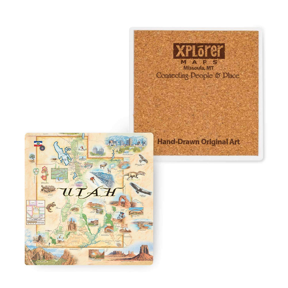  Utah State Map ceramic coasters featuring intricate details of popular cities, iconic landmarks such as Arches National Park and Bryce Canyon, and vibrant flora and fauna indigenous to the region.