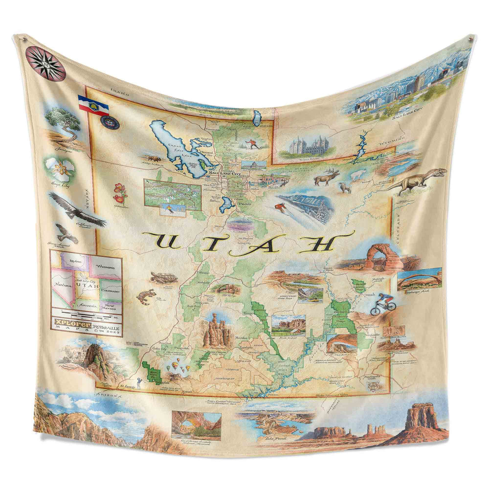 Hanging Utah State Map fleece blanke. Featuring intricate details of popular cities, iconic landmarks such as Arches National Park and Bryce Canyon, and vibrant flora and fauna indigenous to the region.