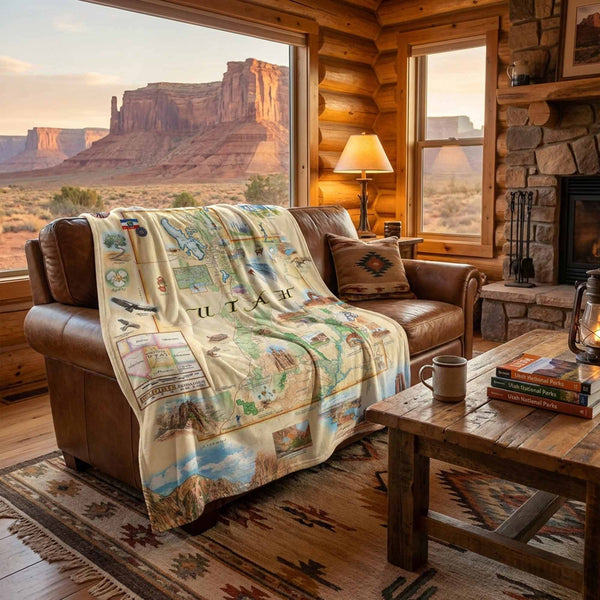 Log cabin living room with a couch draped with a Utah-themed blanket, books, and a mug.