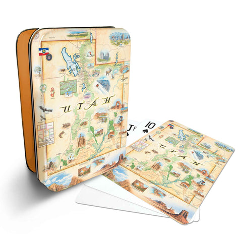 Utah Map Playing cards that features iconic attractions, flora and fauna of that area - Orange Metal Tin