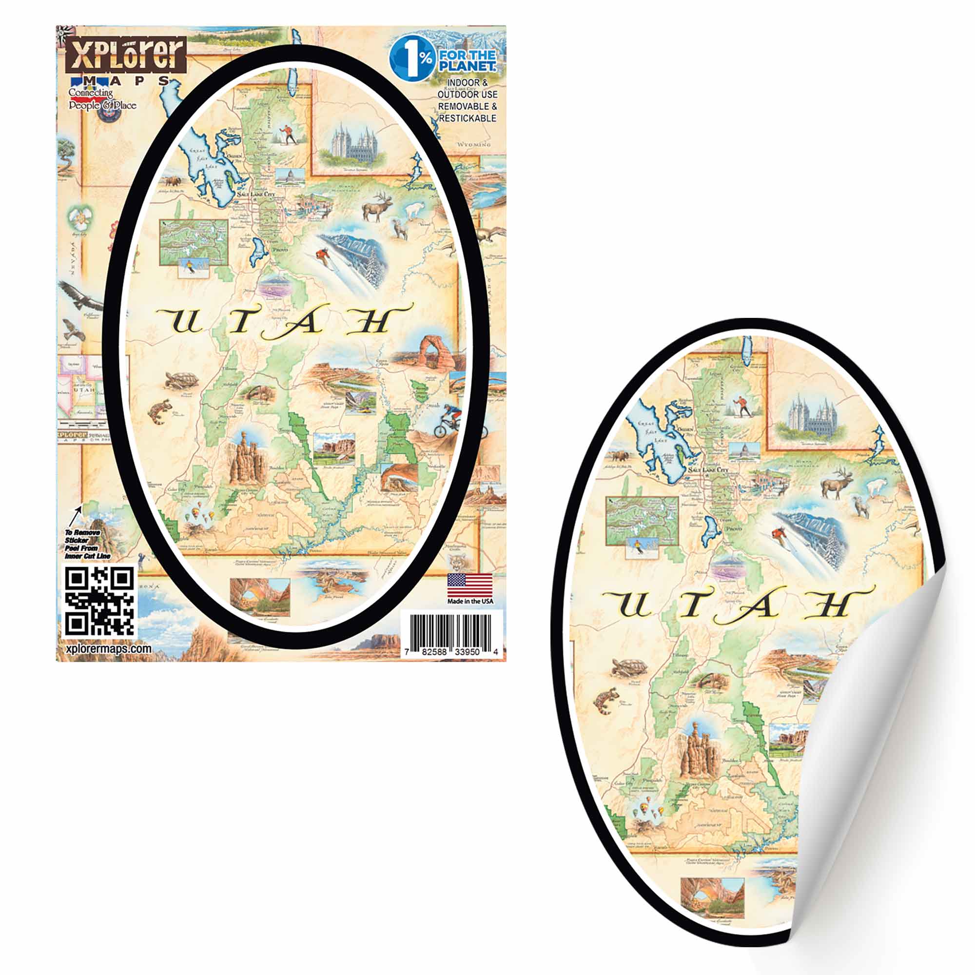 Hand-drawn Xplorer Maps art sticker of Utah, oval-shaped, 5.5