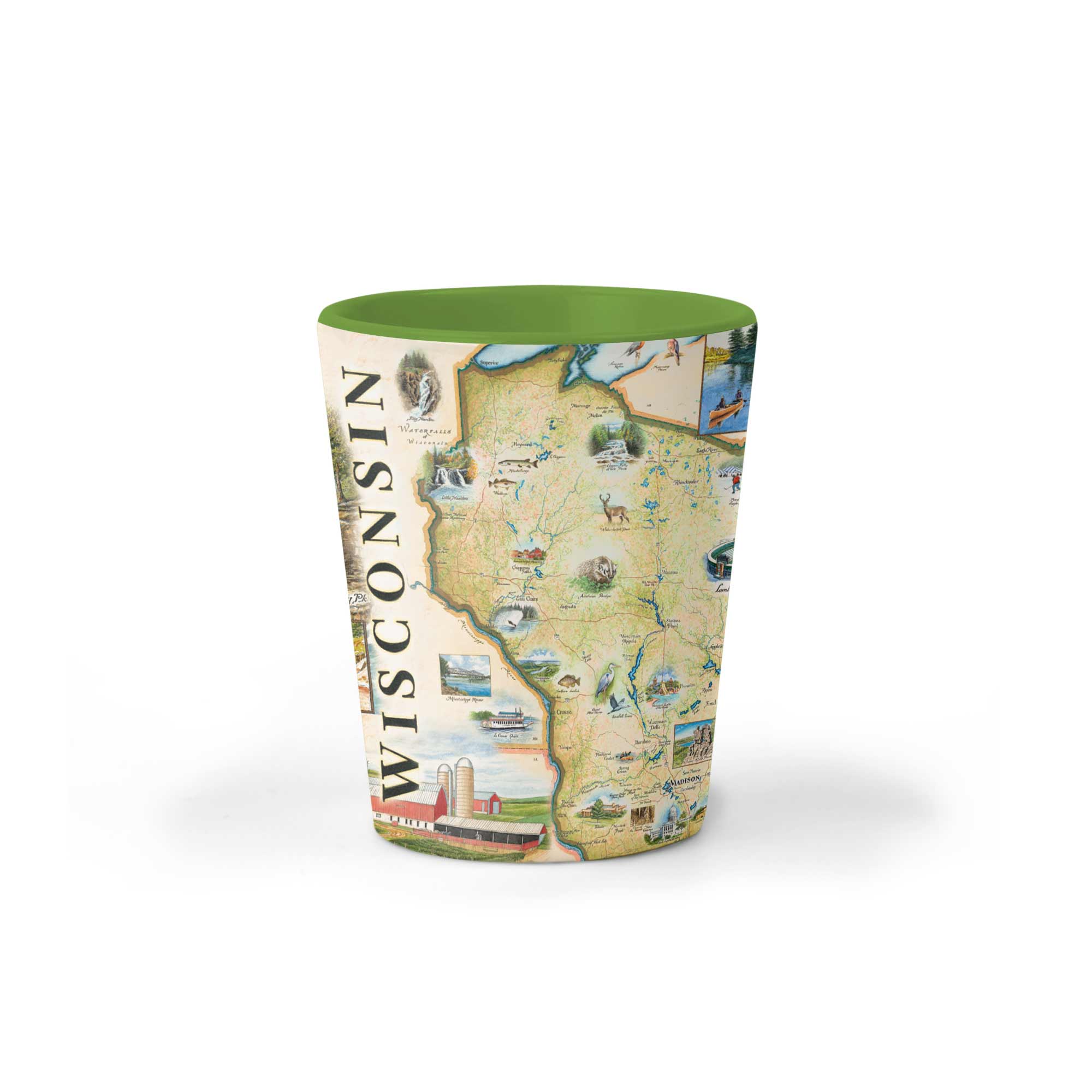 Tumbler with a map design of Wisconsin on a white background