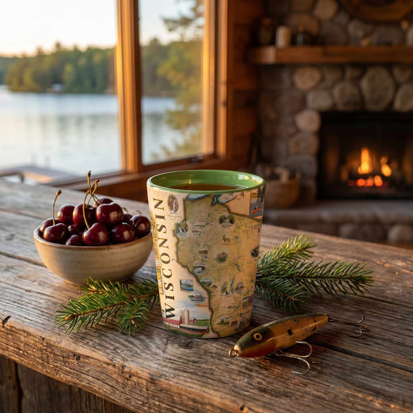 Cup with Wisconsin map design on a wooden table by a window with a view of water and a fireplace.