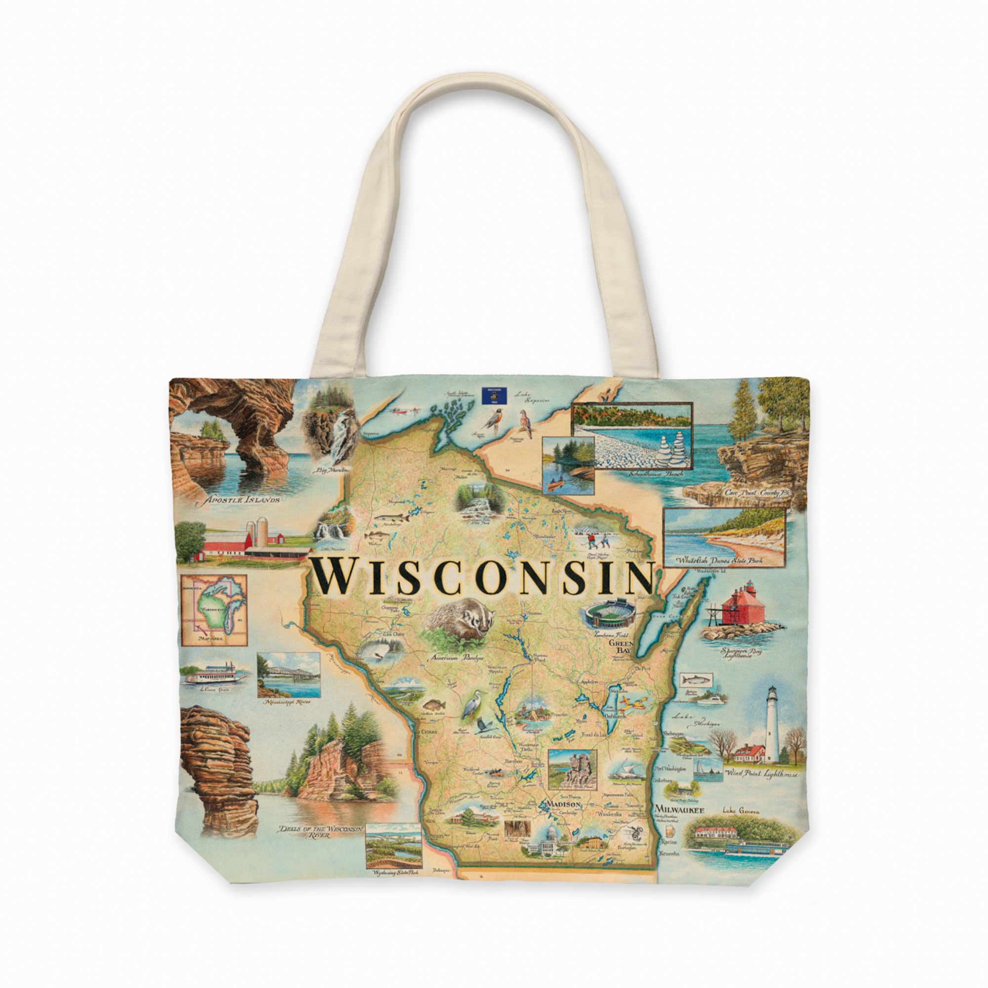 Tote bag with a map of Wisconsin featuring various scenes and landmarks.
