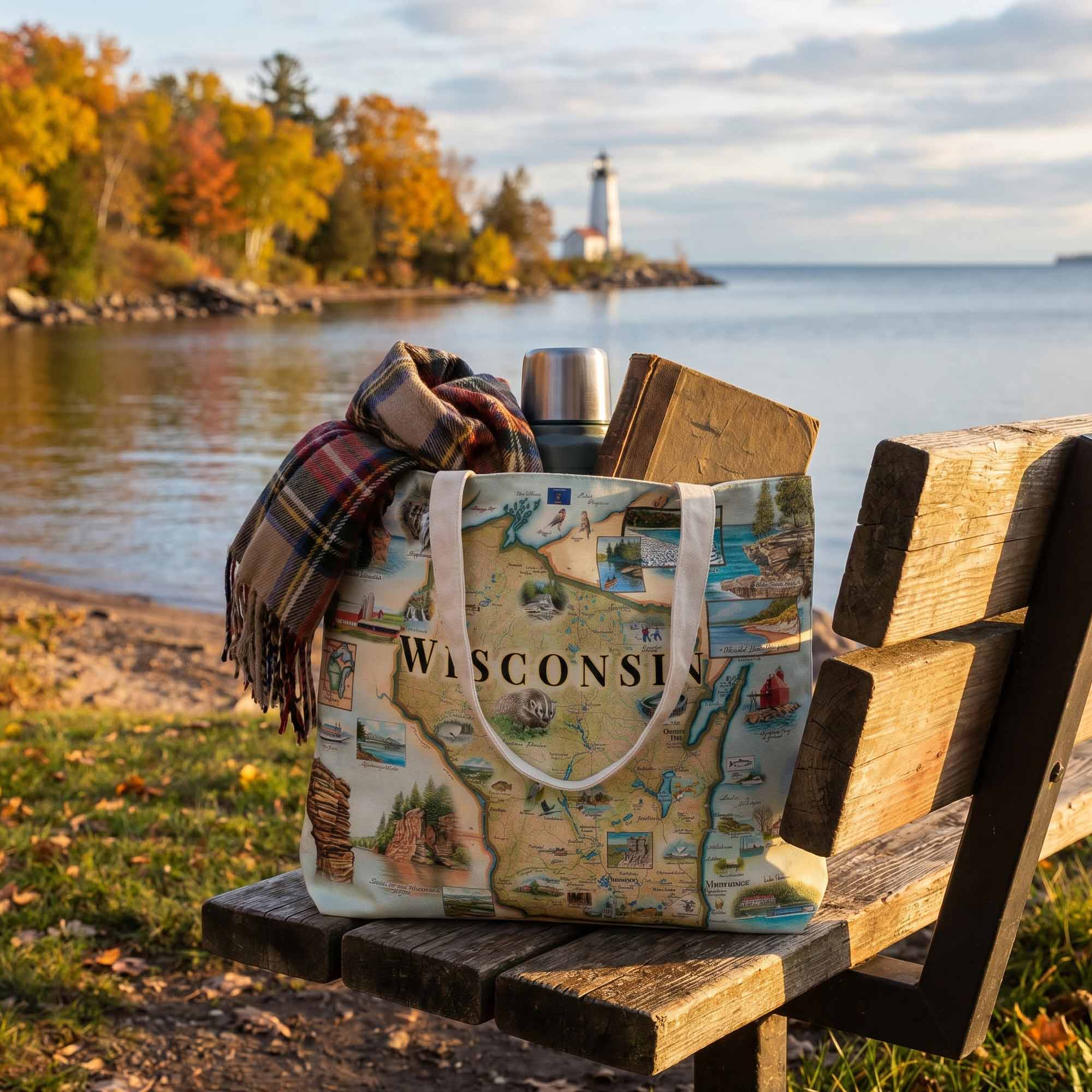 Tote bag with Wisconsin map design on a wooden bench by a lake with a lighthouse in the background.