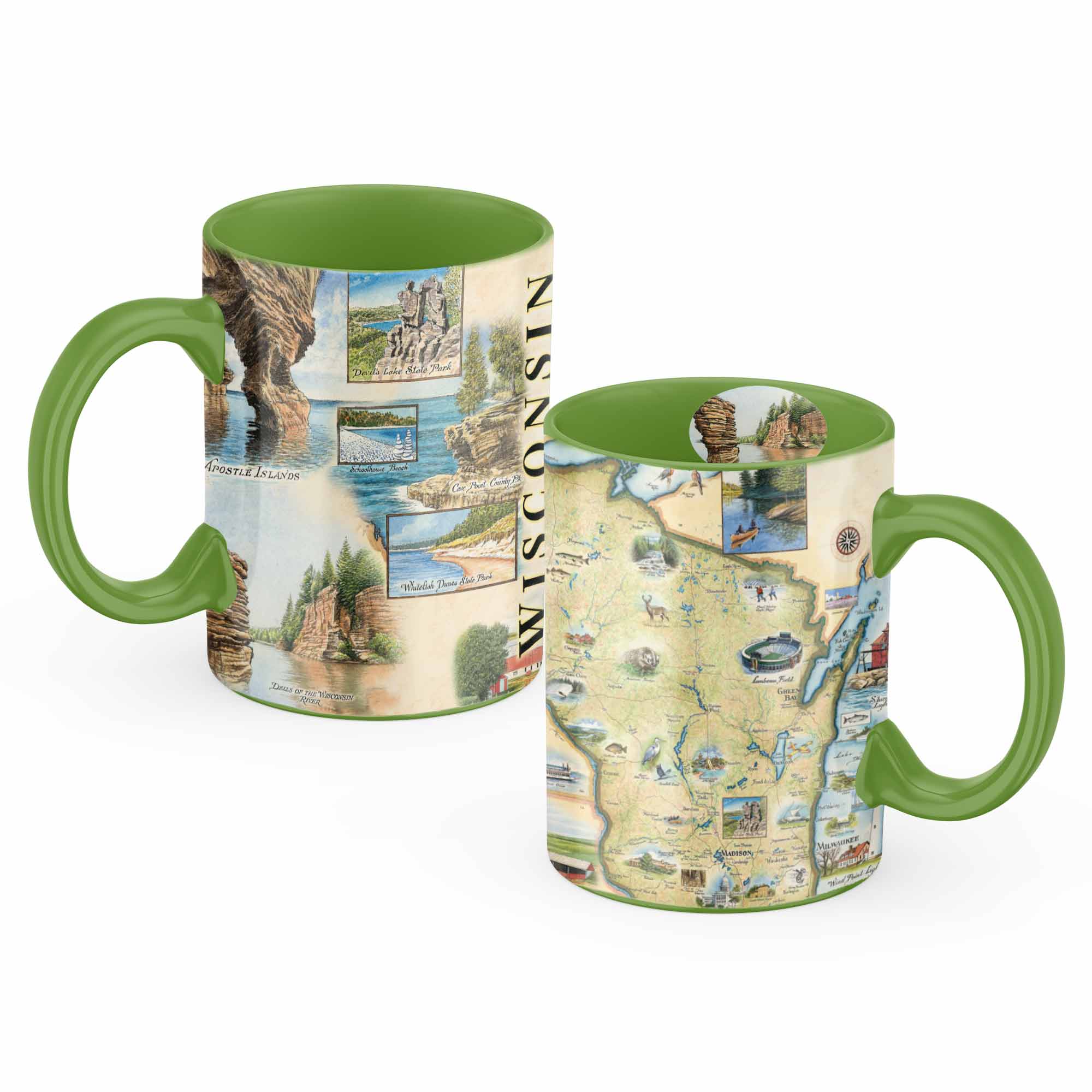 Two mugs with green handles and Wisconsin-themed designs on a white background
