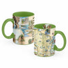 Two mugs with green handles and Wisconsin-themed designs on a white background