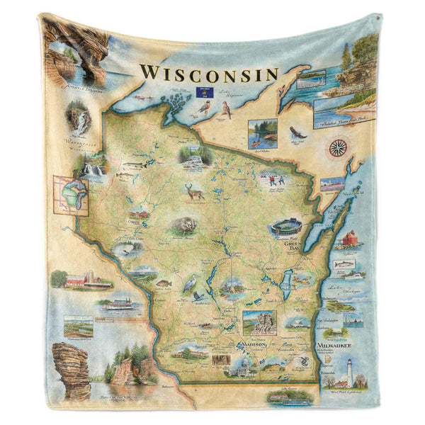 Map of Wisconsin with various icons and landmarks on a blanket