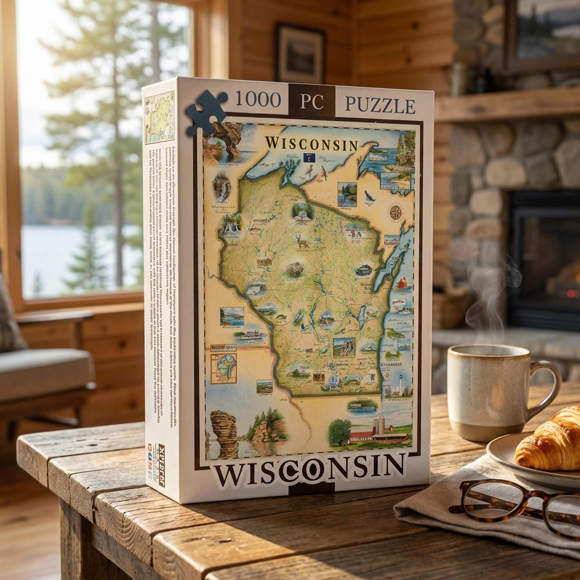 Jigsaw puzzle box featuring a map of Wisconsin on a wooden table with a cozy background.