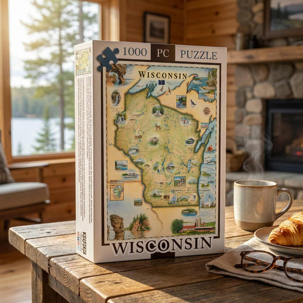 Jigsaw puzzle box featuring a map of Wisconsin on a wooden table with a cozy background.