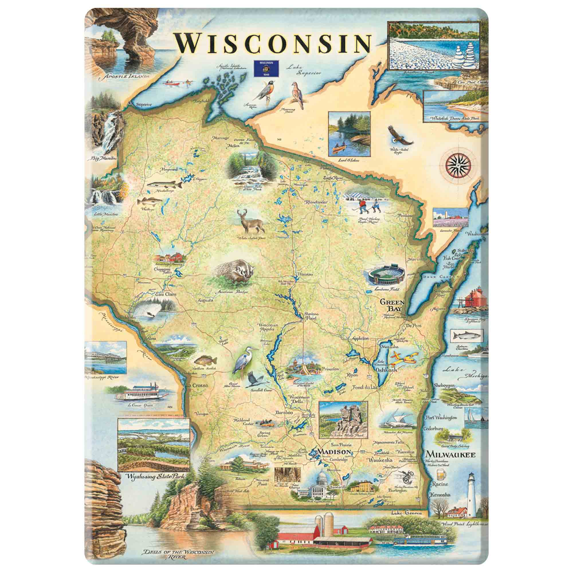 Map of Wisconsin with various attractions and landmarks