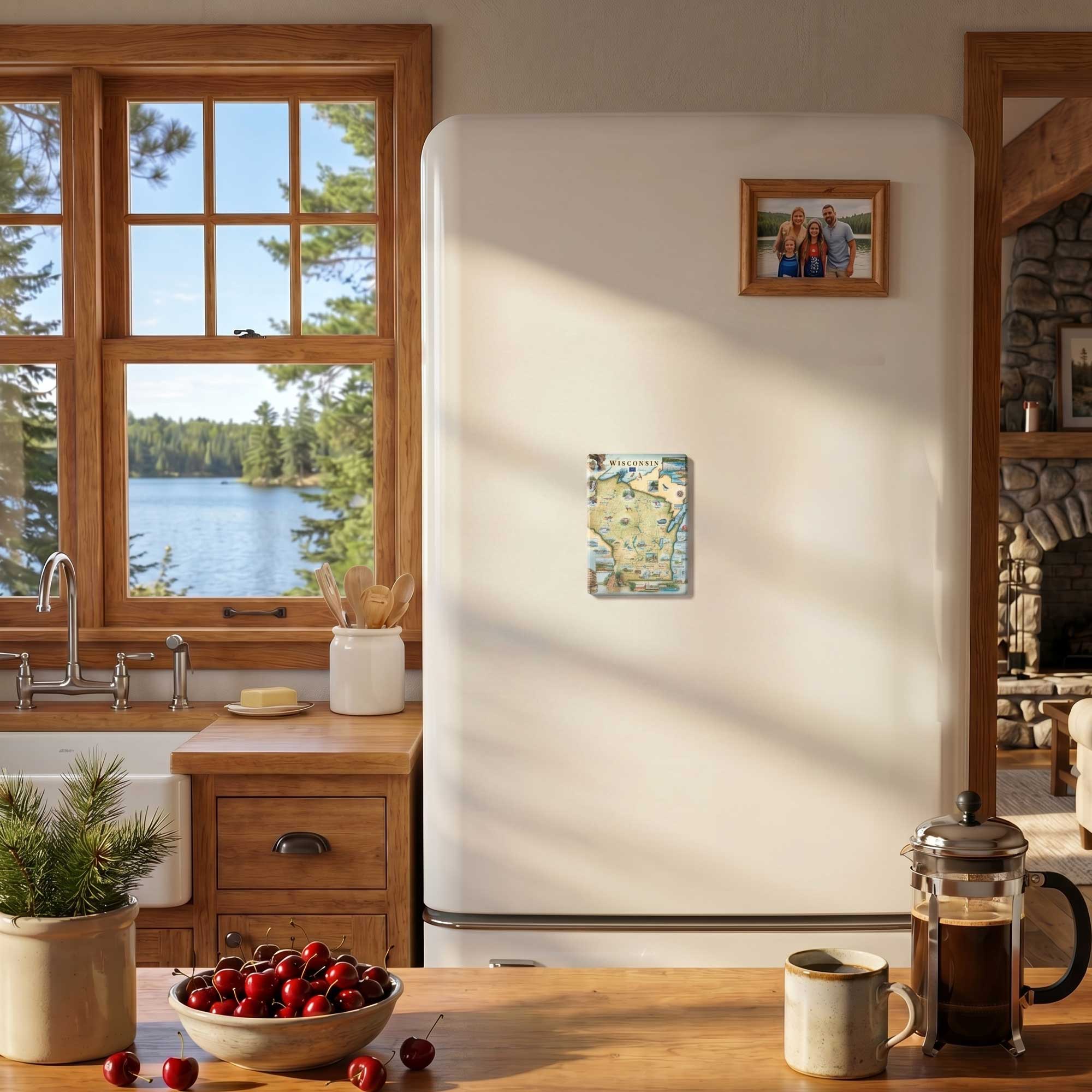 Kitchen with a refrigerator, window view of trees, and a bowl of cherries on the counter.
