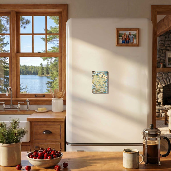 Kitchen with a refrigerator, window view of trees, and a bowl of cherries on the counter.
