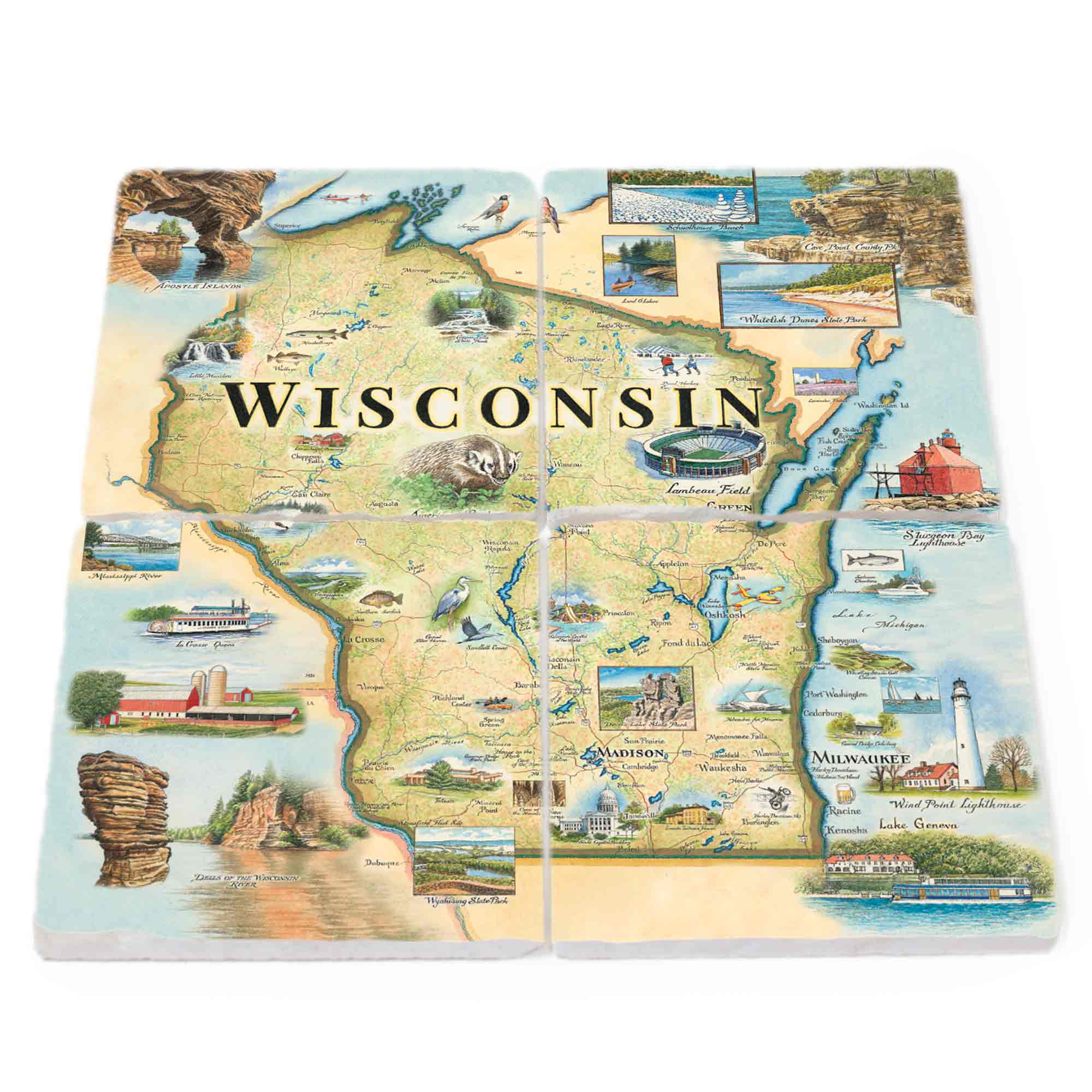 Map of Wisconsin with various attractions on a white background