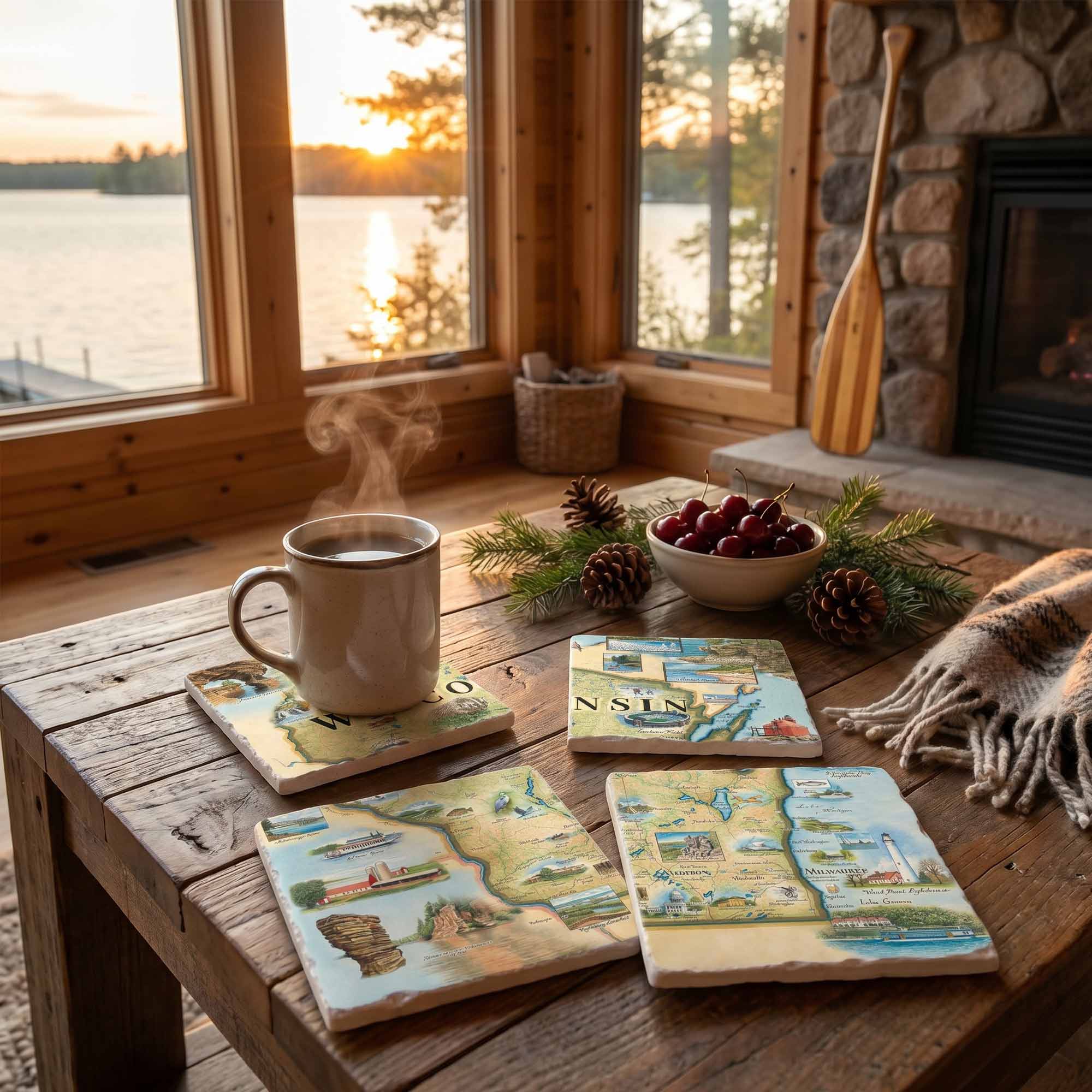 Cup of coffee on a wooden table with scenic coasters, pinecones, and a bowl of fruit in a cozy room with a lake view.