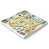 Map of Wisconsin on a ceramic coaster with scenic illustrations.
