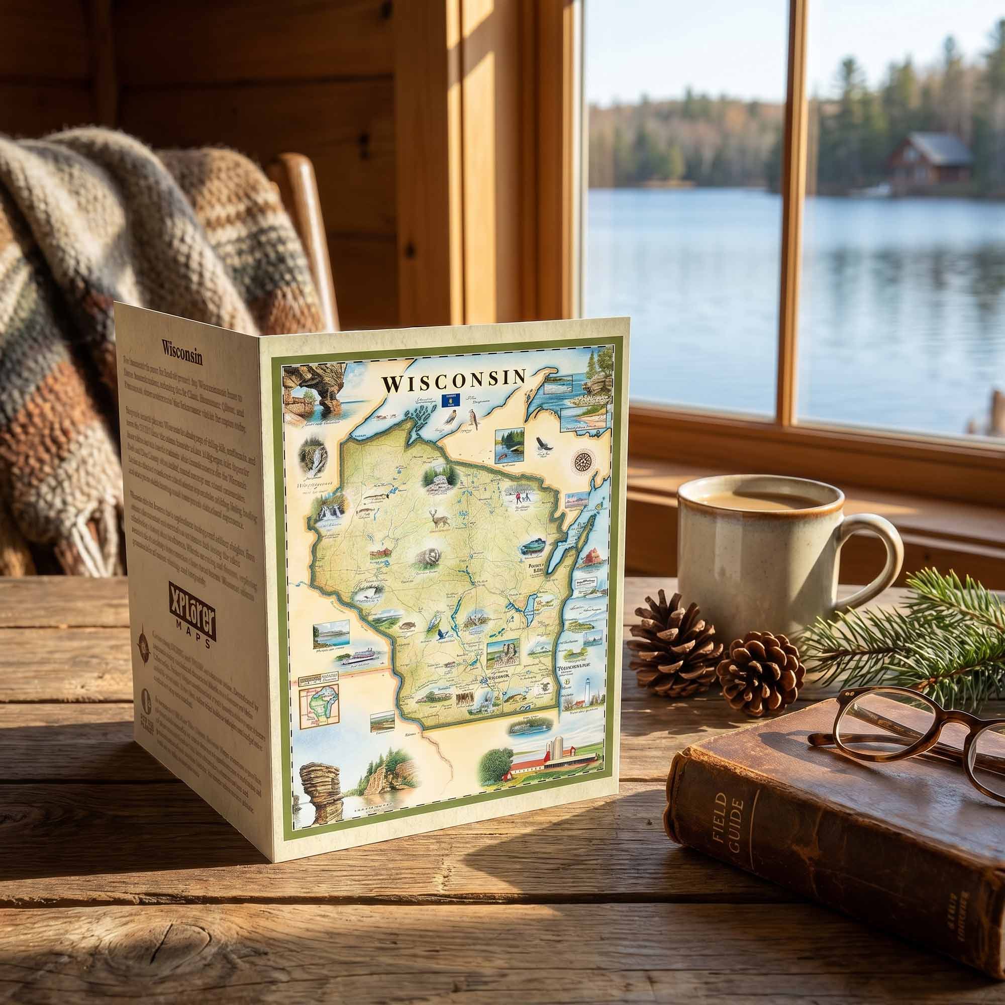 Map of Wisconsin on a wooden table with a cup of coffee and glasses, near a window with a view of a lake and trees.