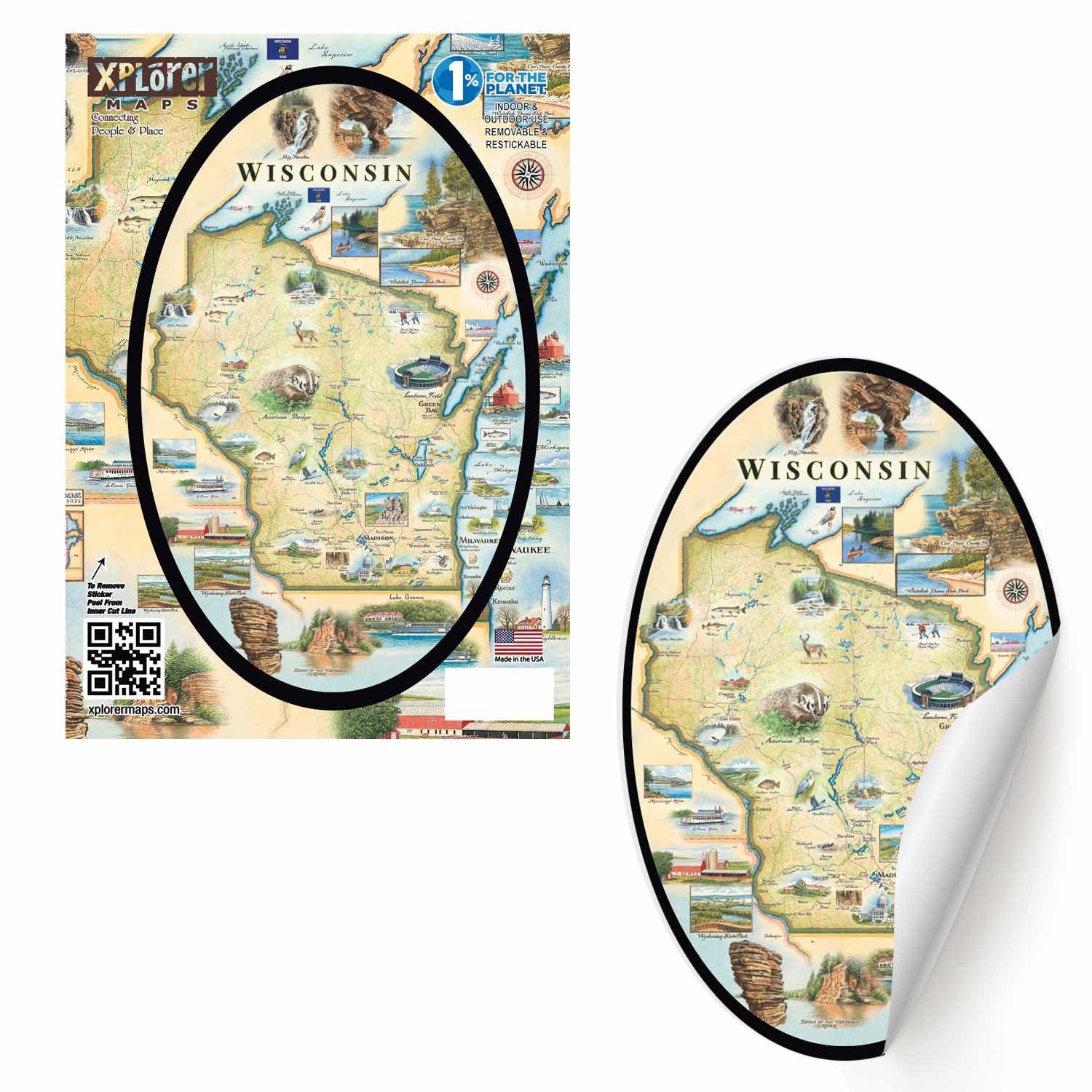 Wisconsin map poster and matching oval-shaped sticker on a white background