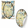Wisconsin map poster and matching oval-shaped sticker on a white background