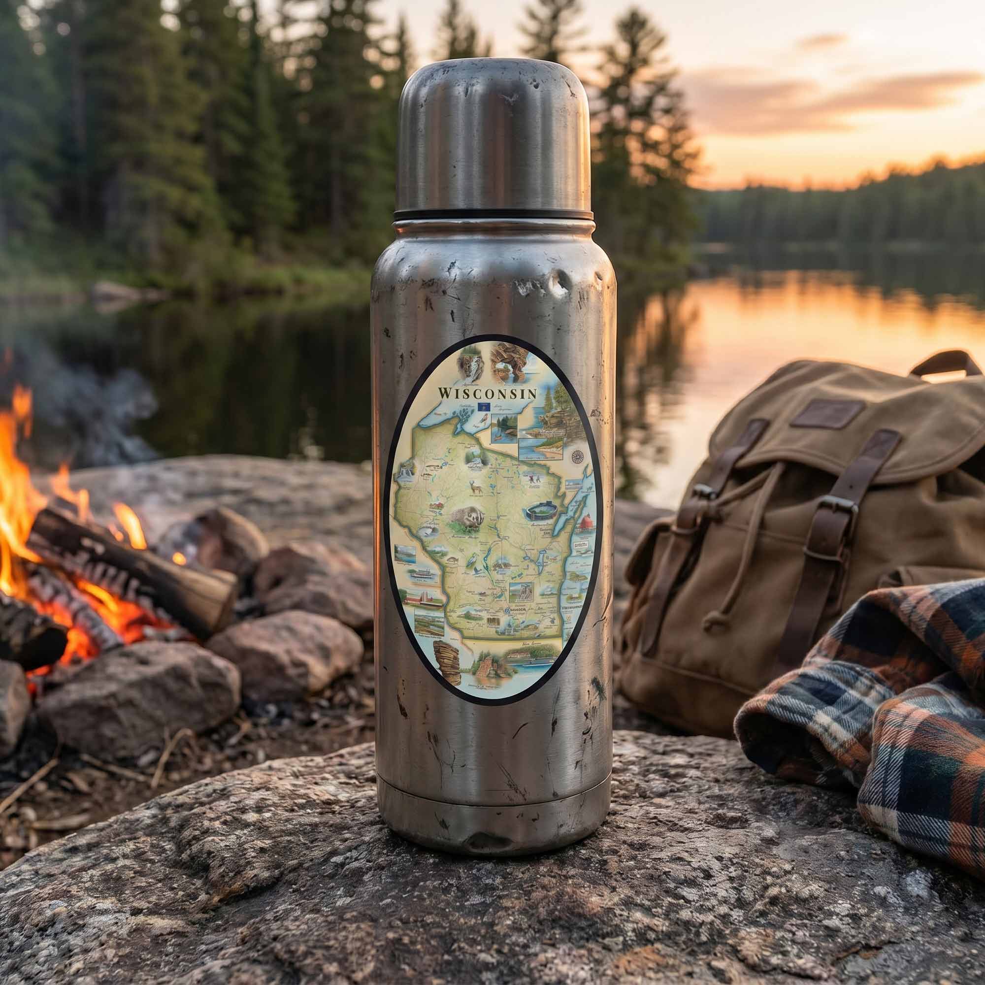 Stainless steel thermos with a Wisconsin map label on a camping scene with a lake and fire.