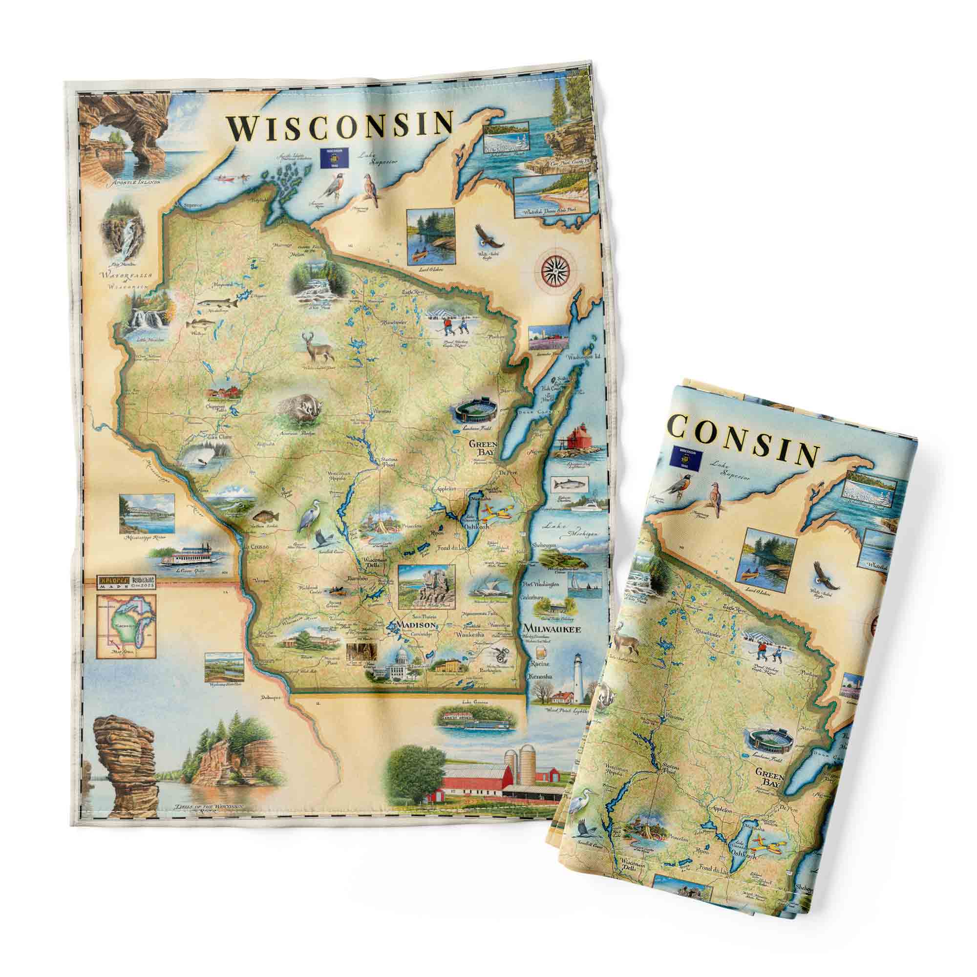 Two folded maps of Wisconsin with illustrations and text on a white background