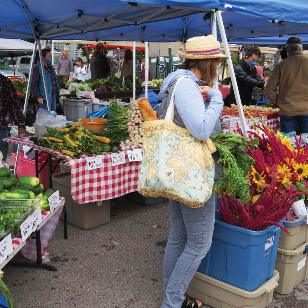 Women at a farmer's marketing surrounded by fresh flowers, fruit, and vegetable. She is carrying a World canvas tote bag by Xplorer Maps.