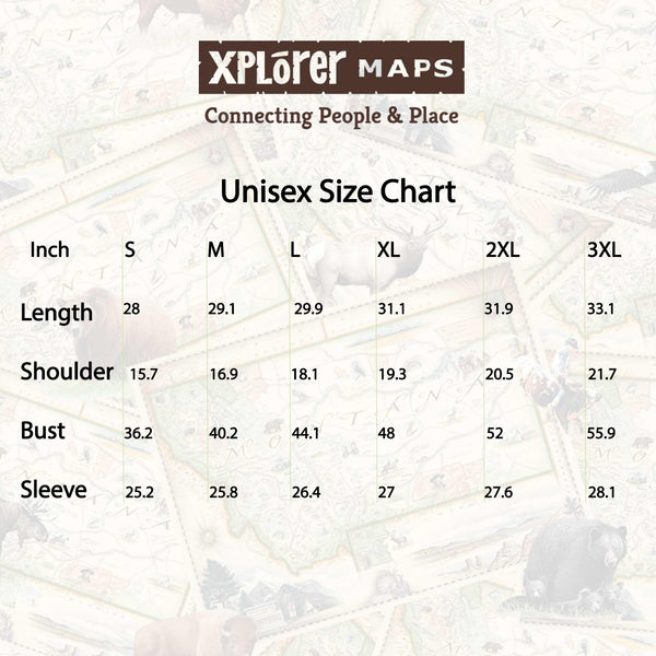 Xplorer Maps unisex size chart on a map background