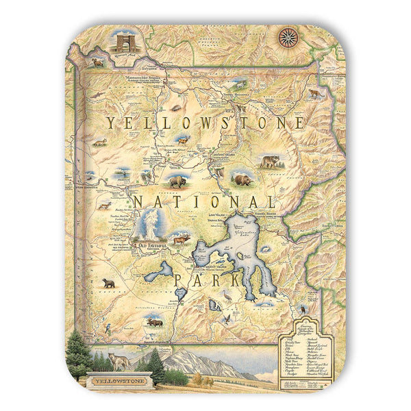 Large Rectangle Serving Tray Map of Yellowstone National Park with illustrations and text on a white background