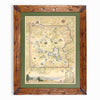 Framed vintage-style map art print of Yellowstone National Park, featuring a rustic dark brown wooden frame, olive green mat board, and an antique cream-colored map with blue water details.