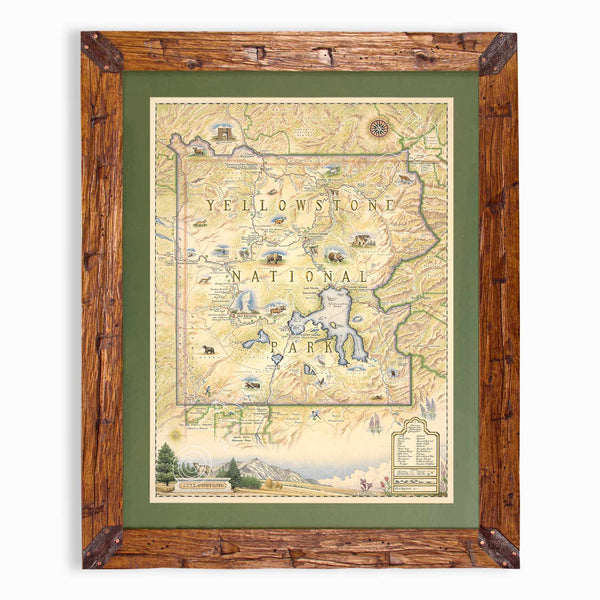 Framed vintage-style map art print of Yellowstone National Park, featuring a rustic dark brown wooden frame, olive green mat board, and an antique cream-colored map with blue water details.