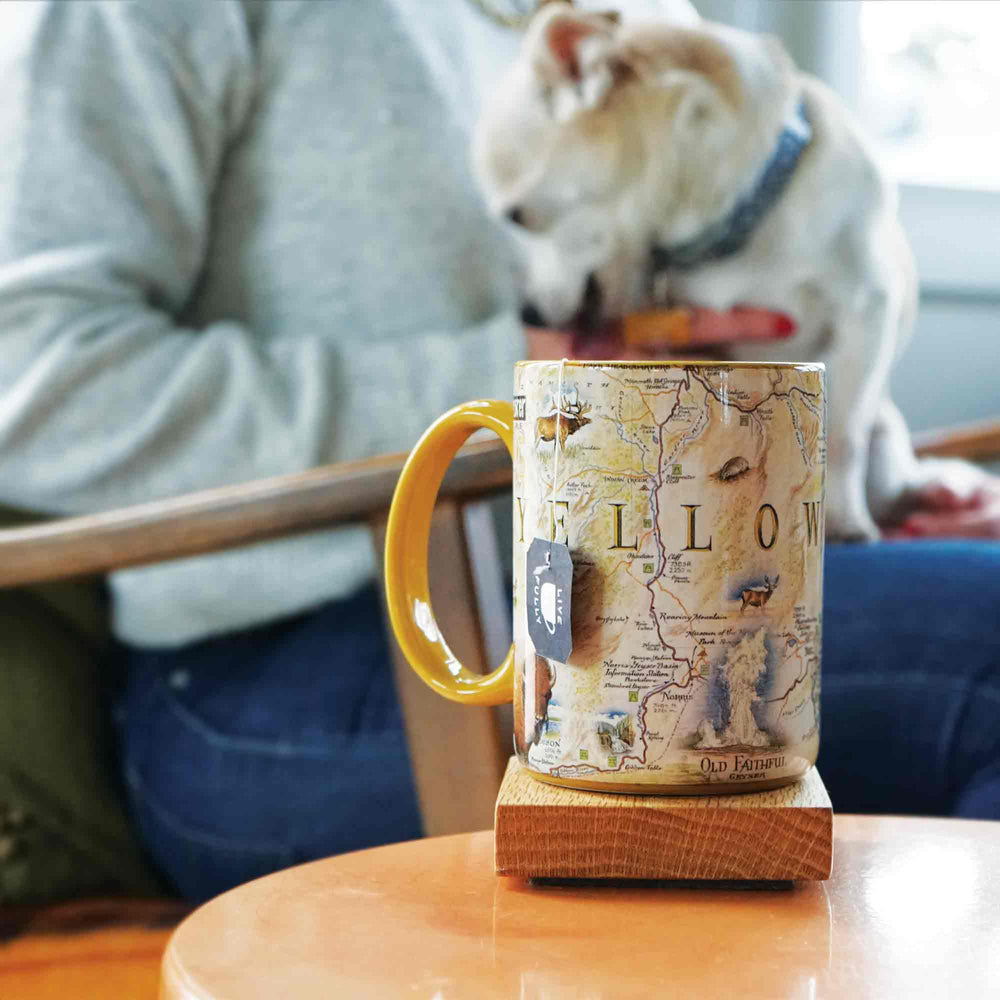 Yellow 16 oz Yellowstone National Park Map Ceramic Mug on table. Background: woman with small dog. Mug features Yellowstone Lake, Old Faithful, Roosevelt Tower icons, with wildlife illustrations of grizzly bears, mountain lions.