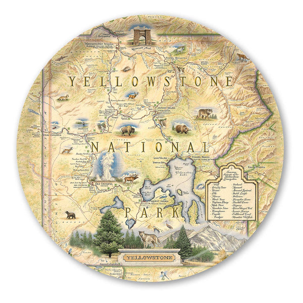 Large Round Serving Tray Map of Yellowstone National Park with scenic illustrations on a white background