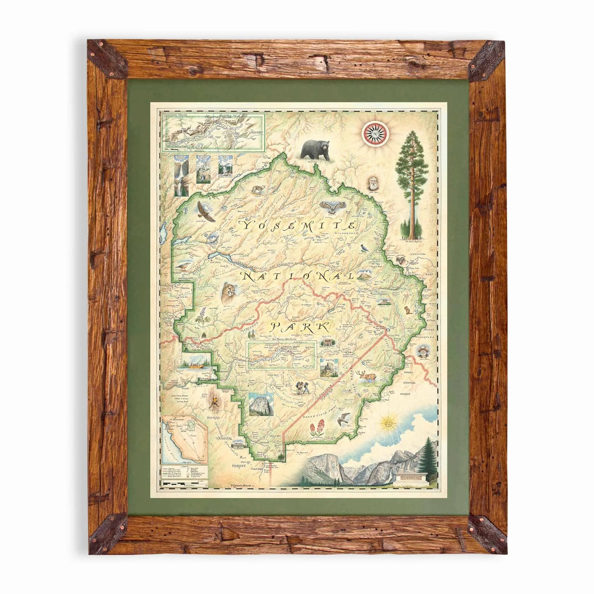 Framed vintage-style map of Yosemite National Park with illustrated landmarks, a bear, a tree, and mountain scenes, set in a green mat and rustic wooden frame against a white background.