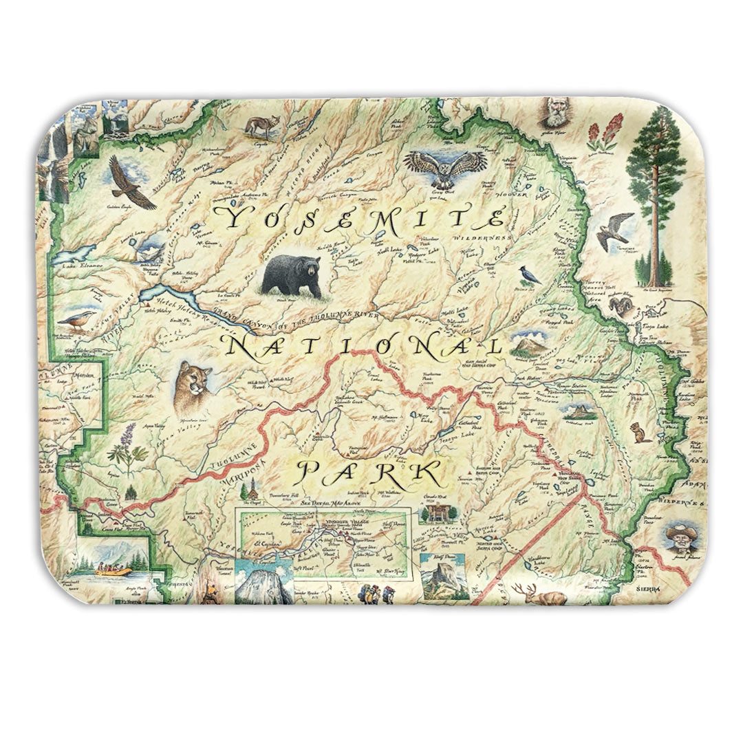 Yosemite National Park Serving tray featuring illustrations of black bears, Mountains lions, and many more.