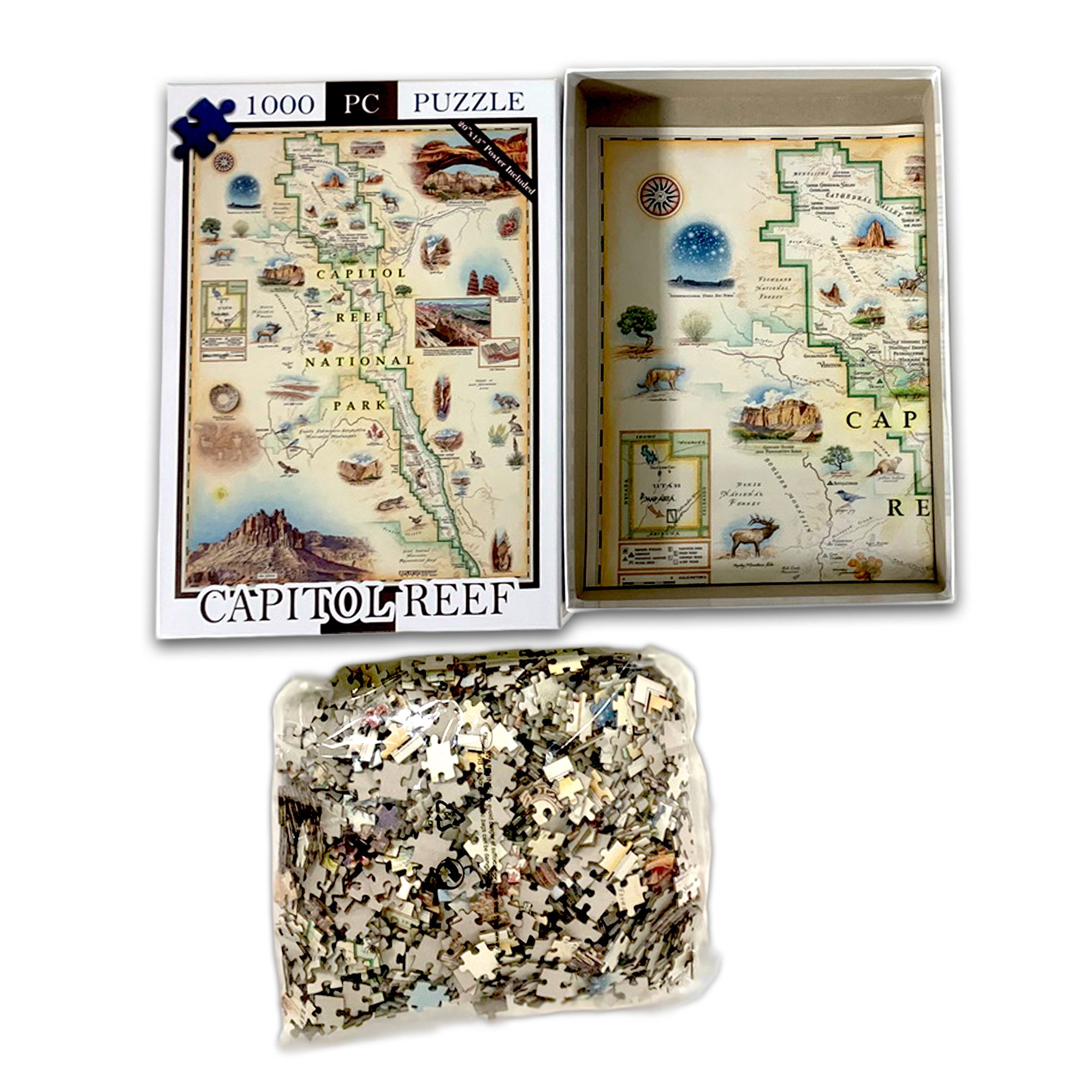 A 1000-piece jigsaw puzzle about the Capitol Reef National Park, shown with its illustrated box, an open view of the puzzle box interior, and a clear bag of loose puzzle pieces on a white background.