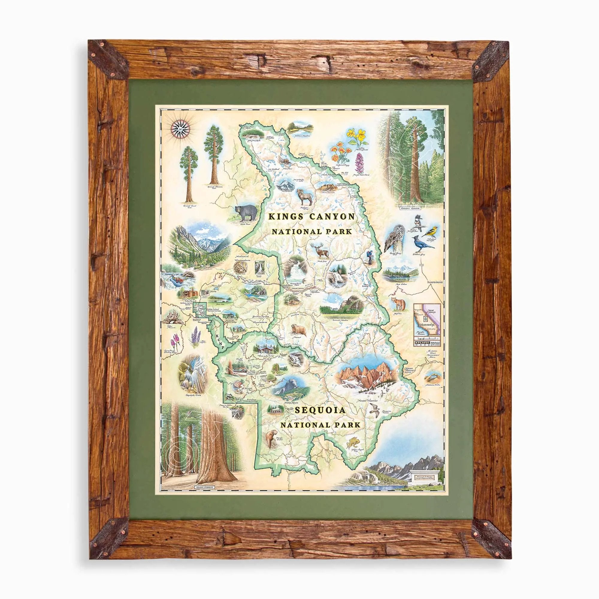 A framed illustrated map of Kings Canyon and Sequoia National Parks, shown in a rustic brown wood frame with a green mat on a light gray background.