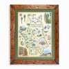 A framed illustrated map of Kings Canyon and Sequoia National Parks, shown in a rustic brown wood frame with a green mat on a light gray background.