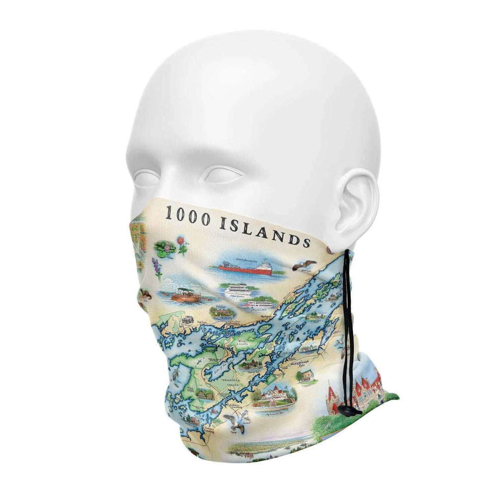 1000 Islands Map Neck Gaiter. Earth tone colors. Gaiters features Bolt Castle and Singer Castle.