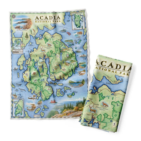 Acadia National Park Map kitchen dishwashing towel. The Tea towel features Otter Cliffs, Mount Desert Island, Bar Harbor, marine life, deer, fox, boats, a lighthouse, Jordon Pond, and Cadillac Mountains.