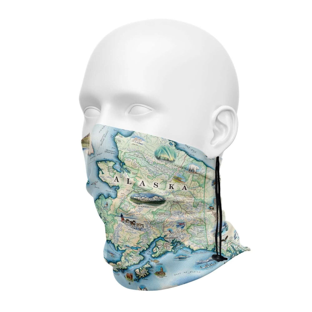 Alaska State Neck Gaiter for face covering. Comes in Earth tones colors and features bears, ocean, dog sled.