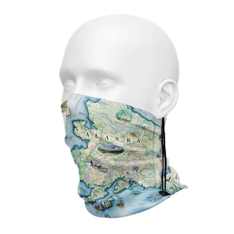 Alaska State Neck Gaiter for face covering. Comes in Earth tones colors and features bears, ocean, dog sled.