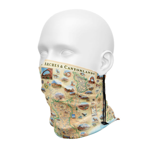 Arches & Canyonlands National Park neck gaitor in earth tone colors. Featuring Deer, elk, mountain lion, flowers, eagle, canyons. 