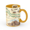 Badlands National Park Map ceramic mug in earth tone colors. Featuring Bison, deer, dinosaurs, Buffalo Gap Grasslands, fox. 